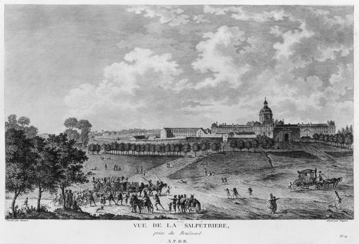 Widok Hopital La Salpetriere, transport prostytutek, Paryż, sztych. Duparc, wg rysunku Savarda, ok. 1790 autorstwa French School
