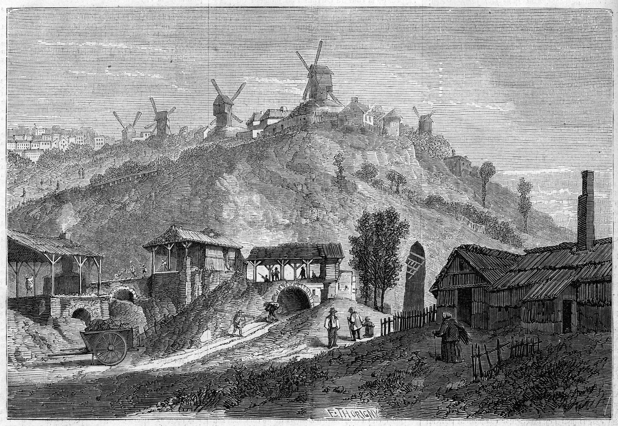 Widok na Montmartre w 1859 roku, przed przyłączeniem się do Paryża w 1860 roku. Widok z równiny Saint Denis. Grawer w „”Le Monde Illustré””n°141 z 24 grudnia 1859 r. autorstwa French School
