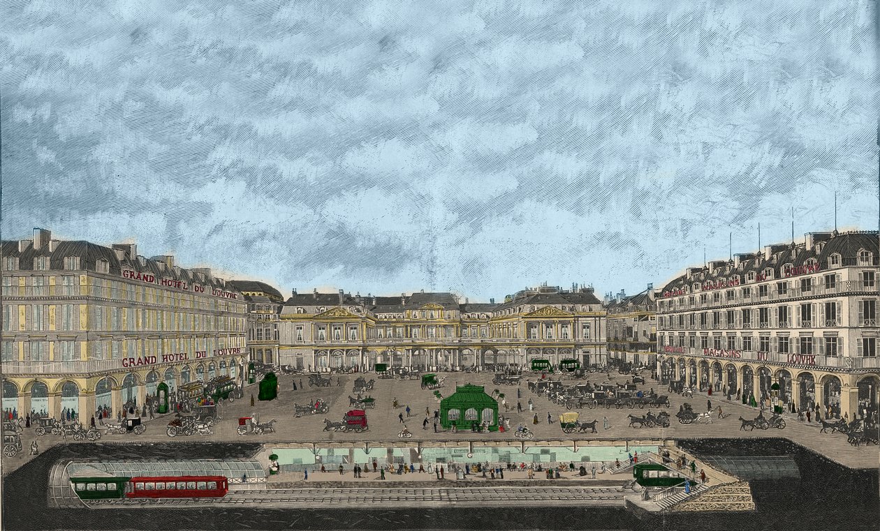Widok Palais-Royal i Rue de Rivoli z przekrojem stacji kolejowej metropolitalnej 1898 (akwaforta kolorowa) autorstwa French School