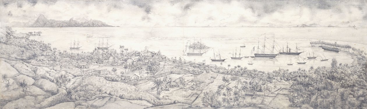 Widok na Papeete, Tahiti, z widokiem na port w kierunku Moorea, połowa XIX wieku autorstwa French School