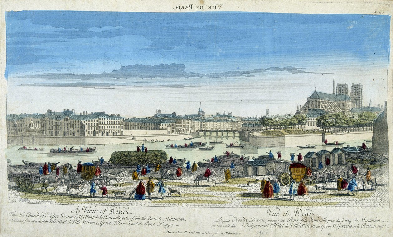 Widok na Paryż i Notre-Dame (Notre Dame), przy dokach Ile St Louis - grawerowanie autorstwa French School