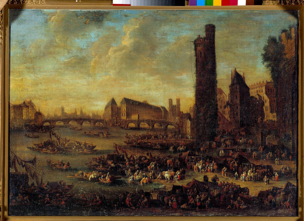 Widok na Paryż z Côte de la Cite zaczerpnięty z malarstwa Tour de Nesles Szkoły Francuskiej. 1650 niedz. 0,59 x 0,82m Wersal. Muzeum Zamkowe autorstwa French School