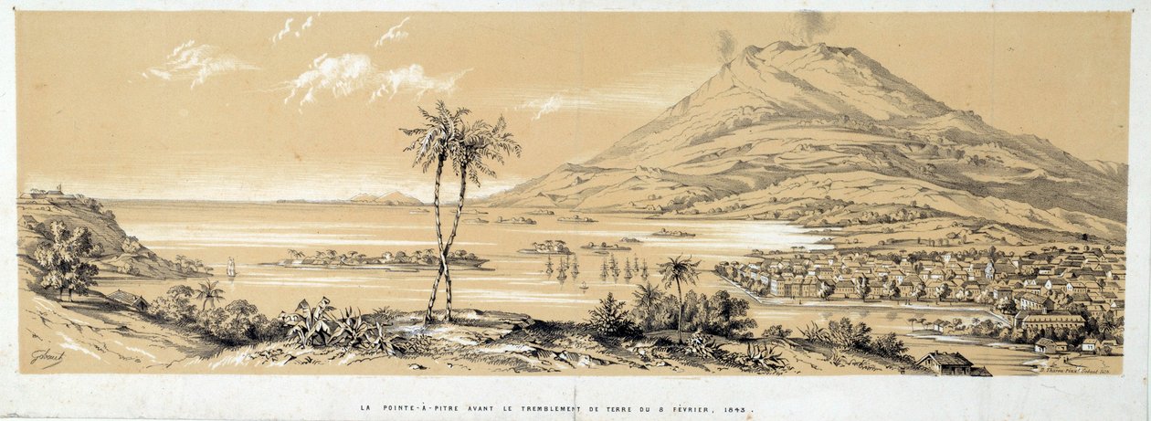 Widok na Pointe a Pitre (Pointe-a-Pitre) przed trzęsieniem ziemi. Rycina z 1843 r. Chartres, Muzeum Sztuk Pięknych autorstwa French School
