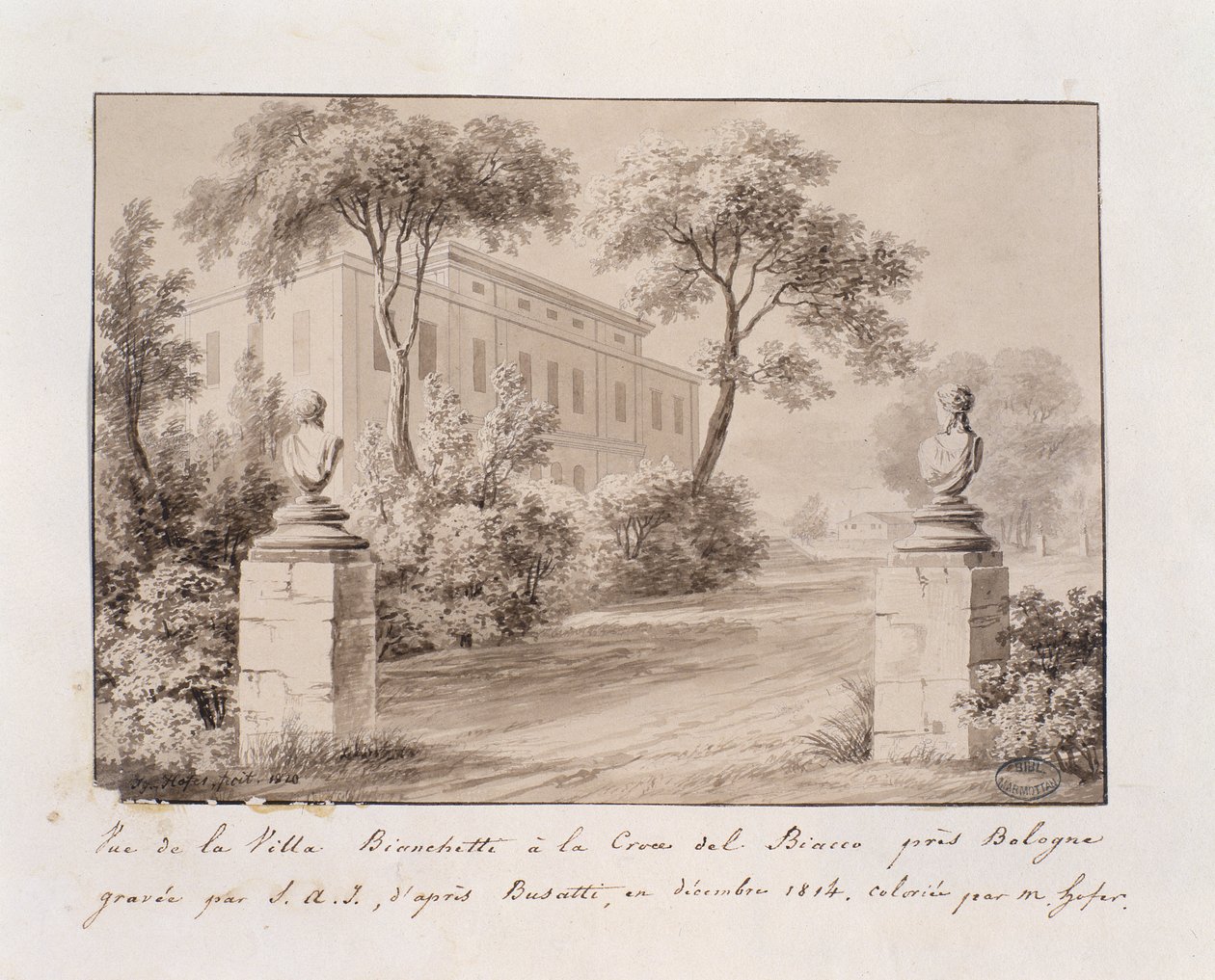 Widok Villi Bianchetti w Croce del Biacco koło Bolonii, rytowany przez S.A.I. wg Busatti, kolorowane przez M. Hofera, grudzień 1814 (kolorowa grawerunek) autorstwa French School