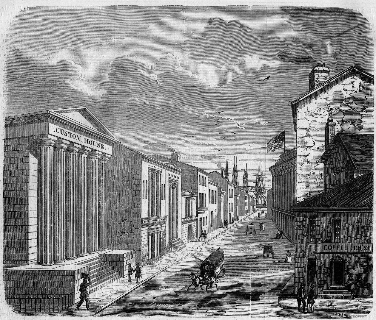 Widok na Wall Street, dzielnicę bankową, Nowy Jork, Nowy Jork. Stany Zjednoczone (Stany Zjednoczone) autorstwa French School