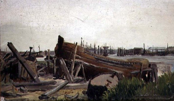 Widok stoczni, ok. 1860 (olej na płótnie) autorstwa French School