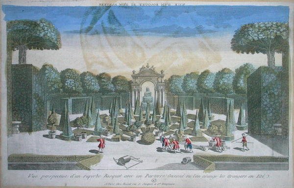 Widok na zagajnik i klomb, w którym latem zbiera się drzewka pomarańczowe, połowa XVIII w. (kolorowe grawerowanie) autorstwa French School