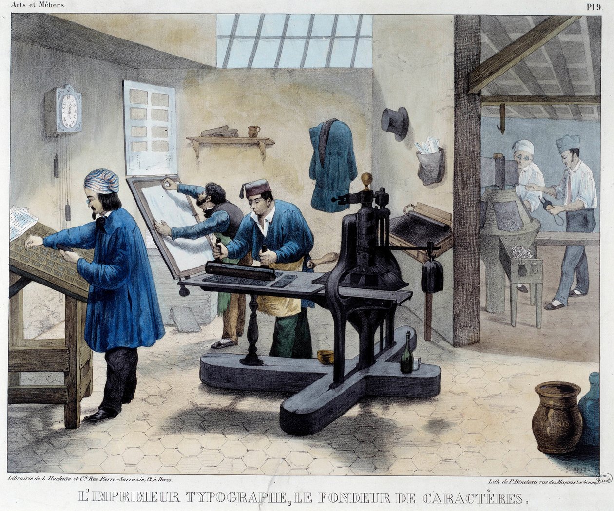 Widok warsztatu poligraficznego: typografa i twórcę znaków. Litografia Bineteau autorstwa French School