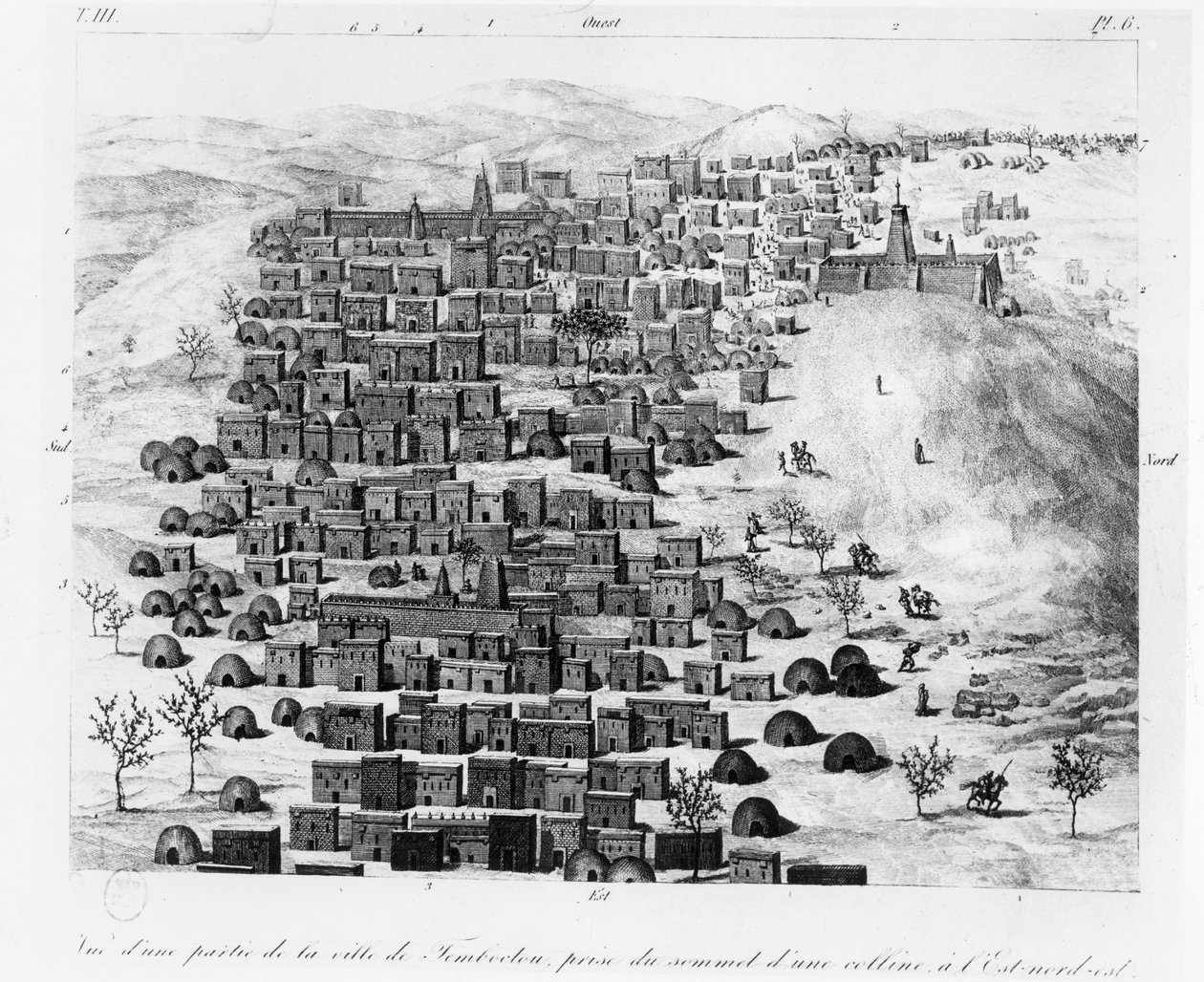Widok części miasta Timbuktoo wzięty ze wzgórza na wschód, z Voyage a Tombouctou autorstwa Rene Caillie, opublikowany 1830 autorstwa French School