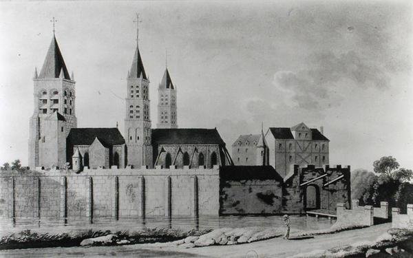 Widok opactwa Saint-Germain-des-Pres na początku XV wieku (litografia) (zdjęcie czarno-białe) autorstwa French School