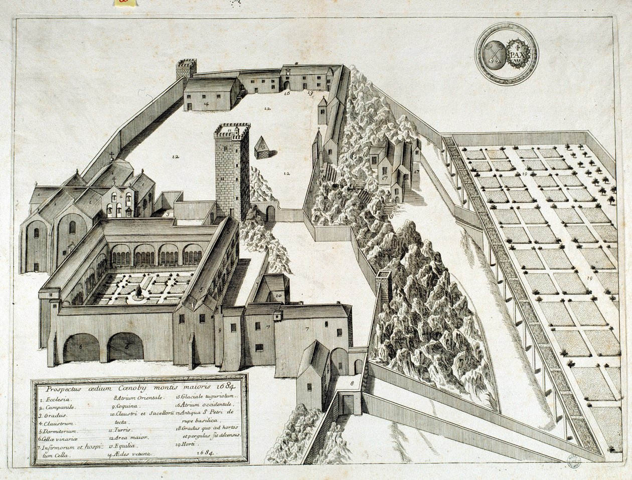 Widok opactwa benedyktyńskiego Saint Pierre de Montmajour (lub Mont Majour), założonego w 948, Arles we Francji (rycina) autorstwa French School