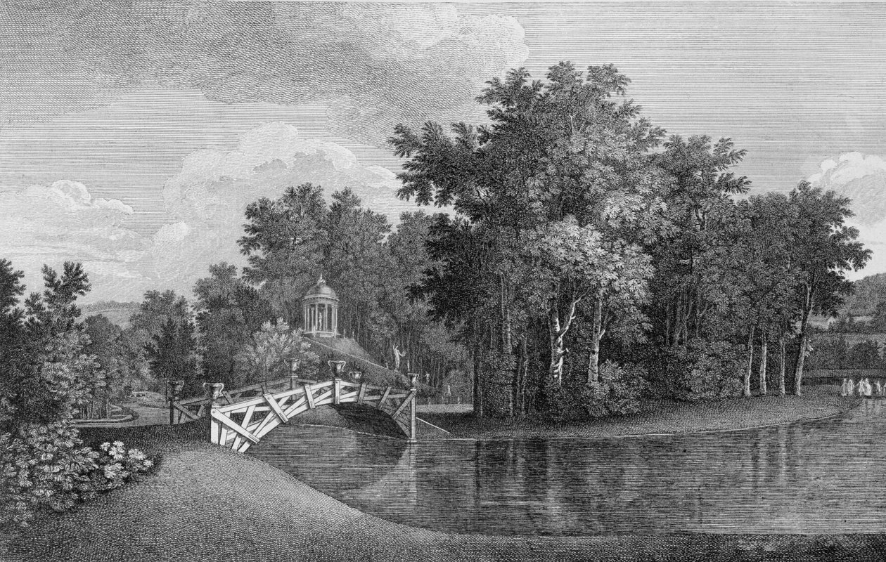Widok na most i świątynię Wenus w ogrodach w West Wycombe, z Jardins Anglo-Chinois a la Mode, autorstwa George
