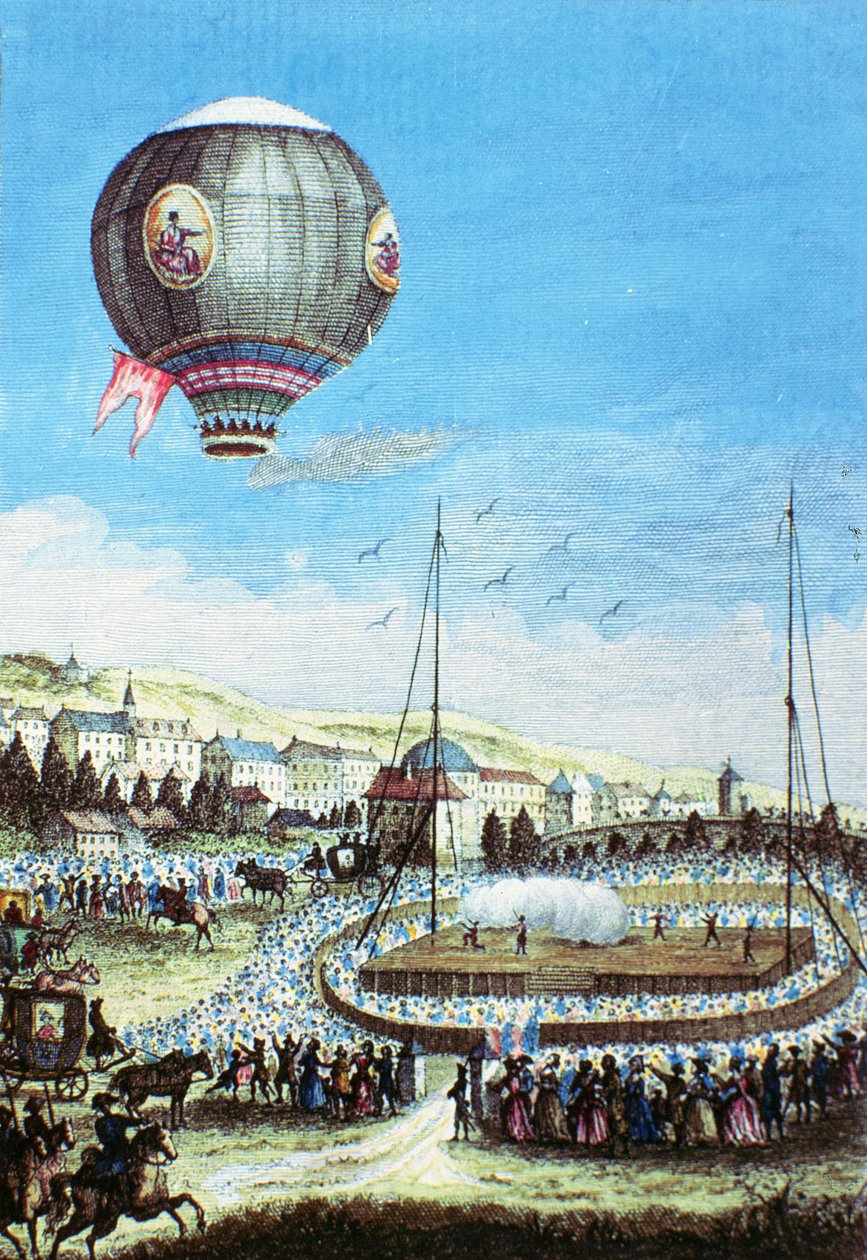 Widok Brolteaux w Lyonie i trzeci lot balonu Montgolfier 10 stycznia 1784 (kolorowe grawerowanie) autorstwa French School