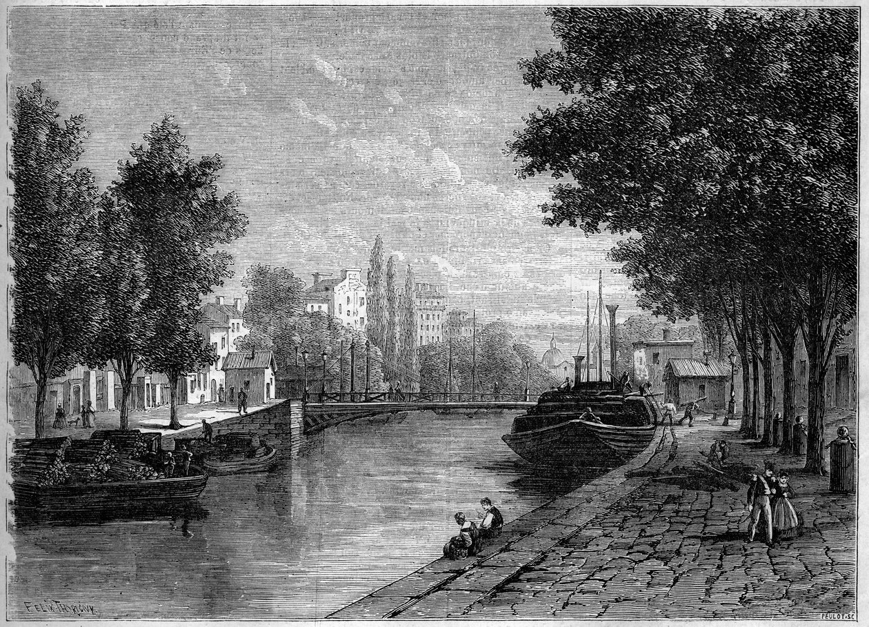 Widok na kanał św. Marcina w Paryżu przed przekształceniami dokonanymi przez Haussmanna w połowie XIX wieku. Widok z wysokości rue Saint Sebastien. Grawerowanie w „”Le Monde Illustré””n°233 z 28 września autorstwa French School