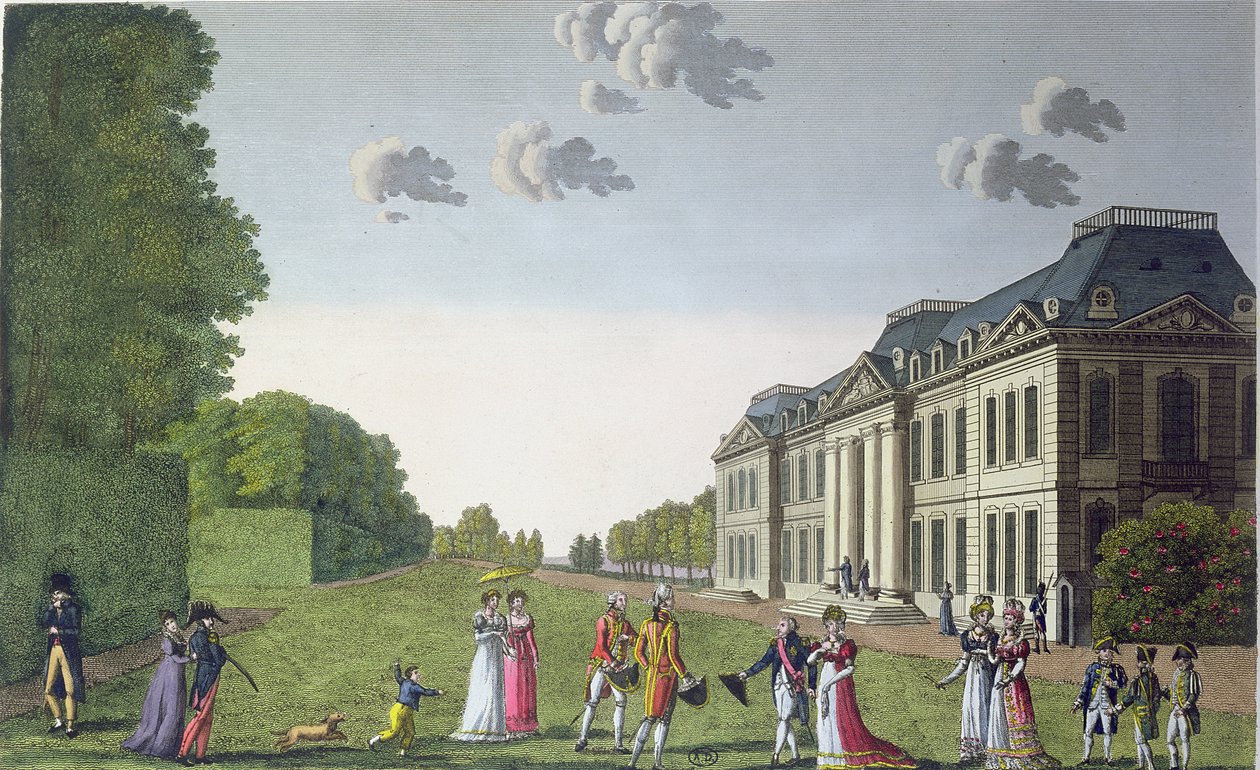 Widok na Chateau de Bellevue z ogrodu, ok. 1820 (kolorowe grawerowanie) autorstwa French School