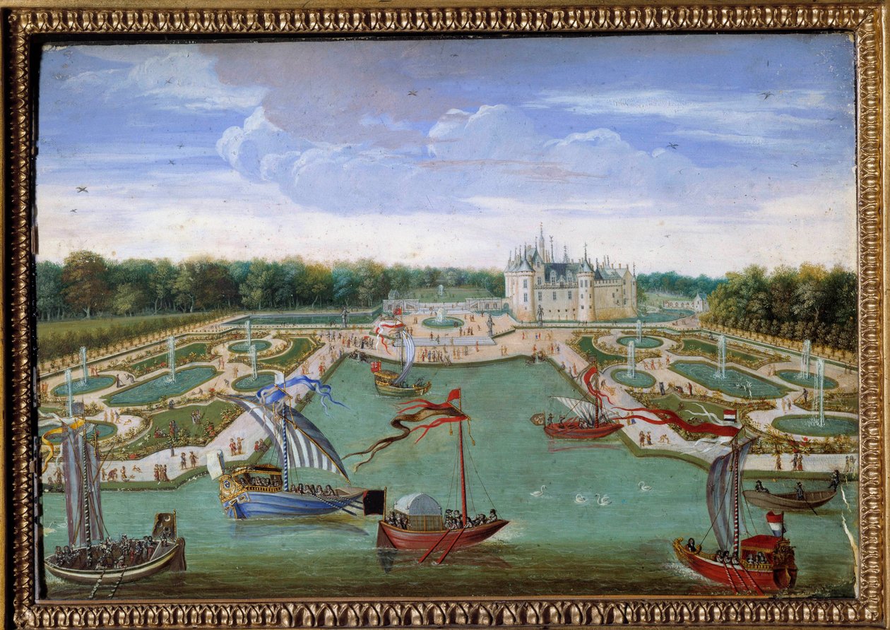 Widok na Chateau de Chantilly i łóżka zaczerpnięte z obrazu Vertugadin Anonimowy przedstawiający Ecole francaise. ok. 1680 r. wym. 0,26x0,34m. Chantilly, musee Conde - Widok na zamek Chantilly i parter z Vertugadin. Anonimowe malowanie autorstwa French School
