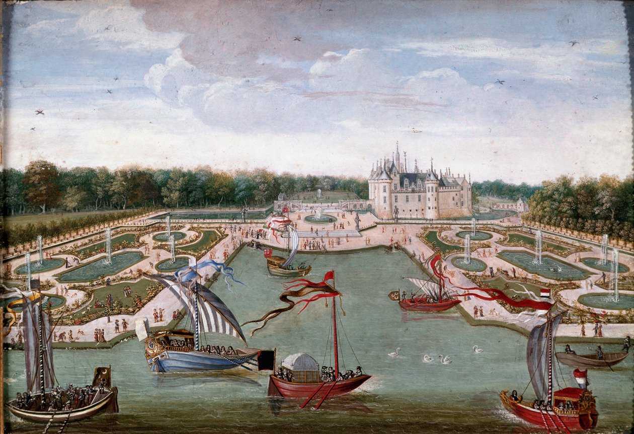 Widok na Chateau de Chantilly i łóżka zaczerpnięte z obrazu Vertugadin Anonimowy przedstawiający Ecole francaise. ok. 1680 r. wym. 0,26x0,34m. Chantilly, Muzeum Conde autorstwa French School