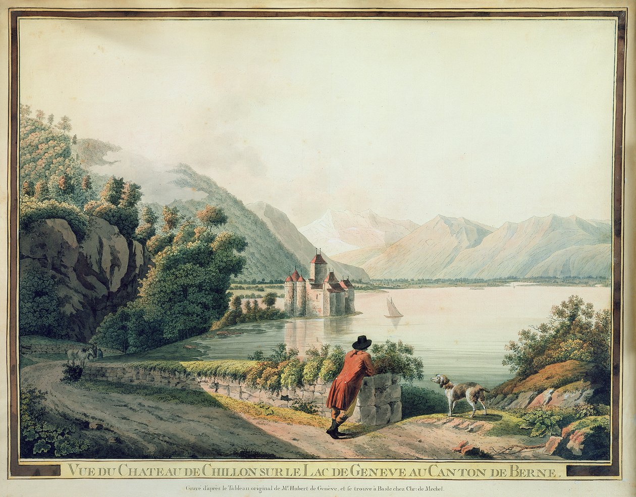 Widok na Chateau de Chillon, Jezioro Genewskie (kolorowa akwaforta) autorstwa French School