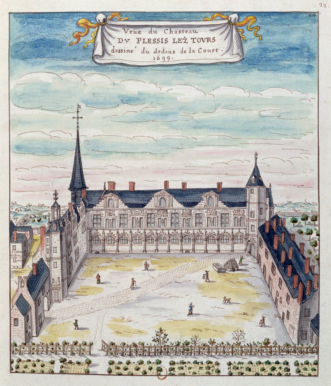 Widok na Chateau de Plessis-les-Tours w Tourraine, 1699 (pióro i atrament oraz toaleta na papierze) (patrz także 173766) autorstwa French School