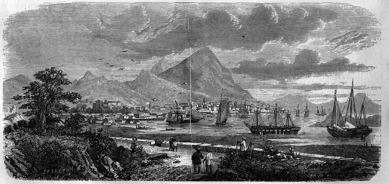 Widok miasta Hongkong (Hongkong) (Canton Bay Island) w 1857 r. Grawer „”Le Monde Illustré” nr 29 z 31 października 1857 r. autorstwa French School