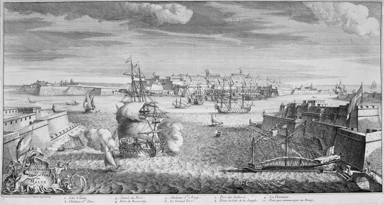 Widok miasta Valletta, Port Malta, c.1736 (rycina) autorstwa French School