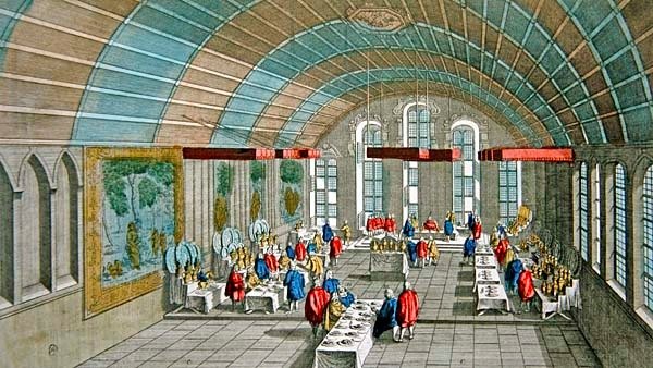 Widok kolacji wydanej dla cesarza i elektorów saskich w 1758 roku w ratuszu we Frankfurcie (rycina kolorowana) autorstwa French School