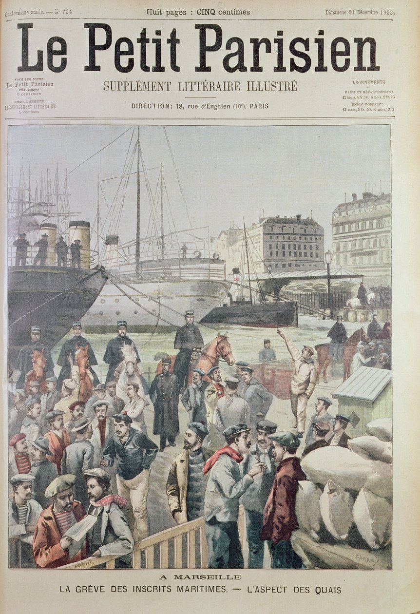 Widok na doki w Marsylii podczas strajku morskiego, z okładki Le Petit Parisien, 21 grudnia 1902 autorstwa French School