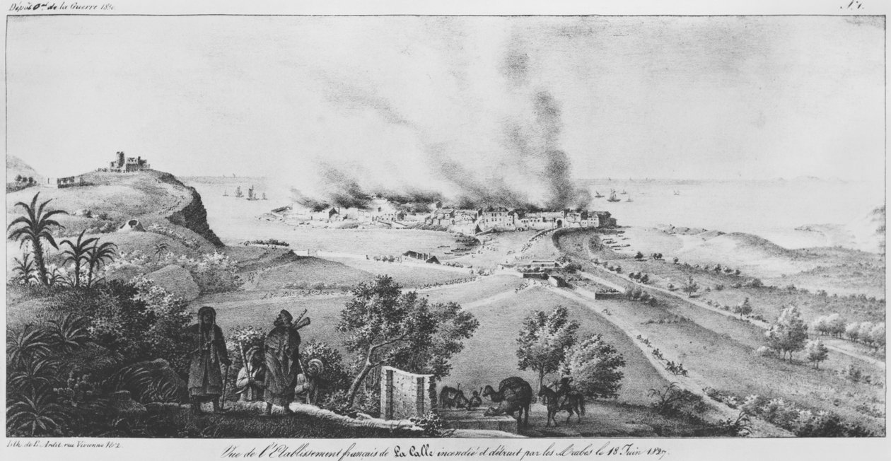 Widok francuskiego zakładu przy La Calle spalonego i zniszczonego przez Arabów 18 czerwca 1827 r., ilustracja z Atlas de lapercu historique, statistique et topographique sur letat dAlger, lusage autorstwa French School