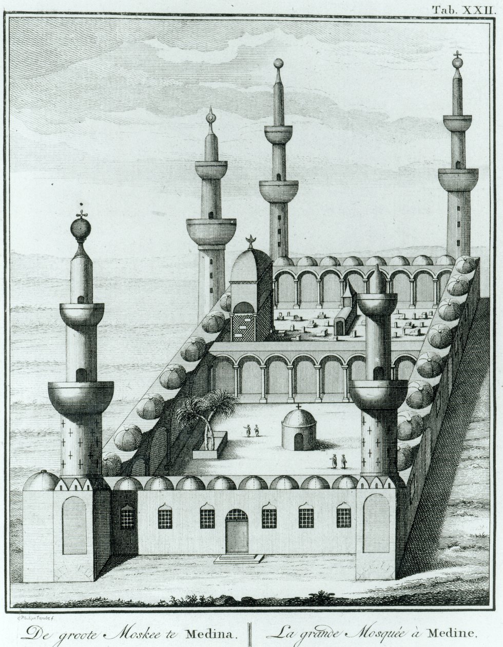 Widok Wielkiego Meczetu w Medynie przed zbezczeszczeniem grobów przez sektę wahabitów, z Description de lArabie Carstena Niebuhra (1733-1815) opublikowanego w 1774 r. autorstwa French School