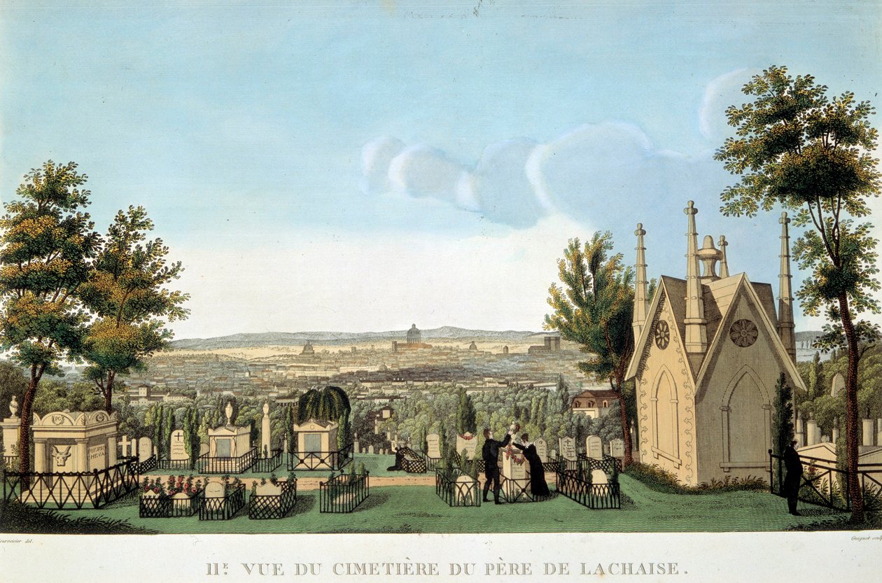 Widok na cmentarz Pere Lachaise w Paryżu. Anonimowa litografia z XIX wieku. Prywatna kolekcja autorstwa French School