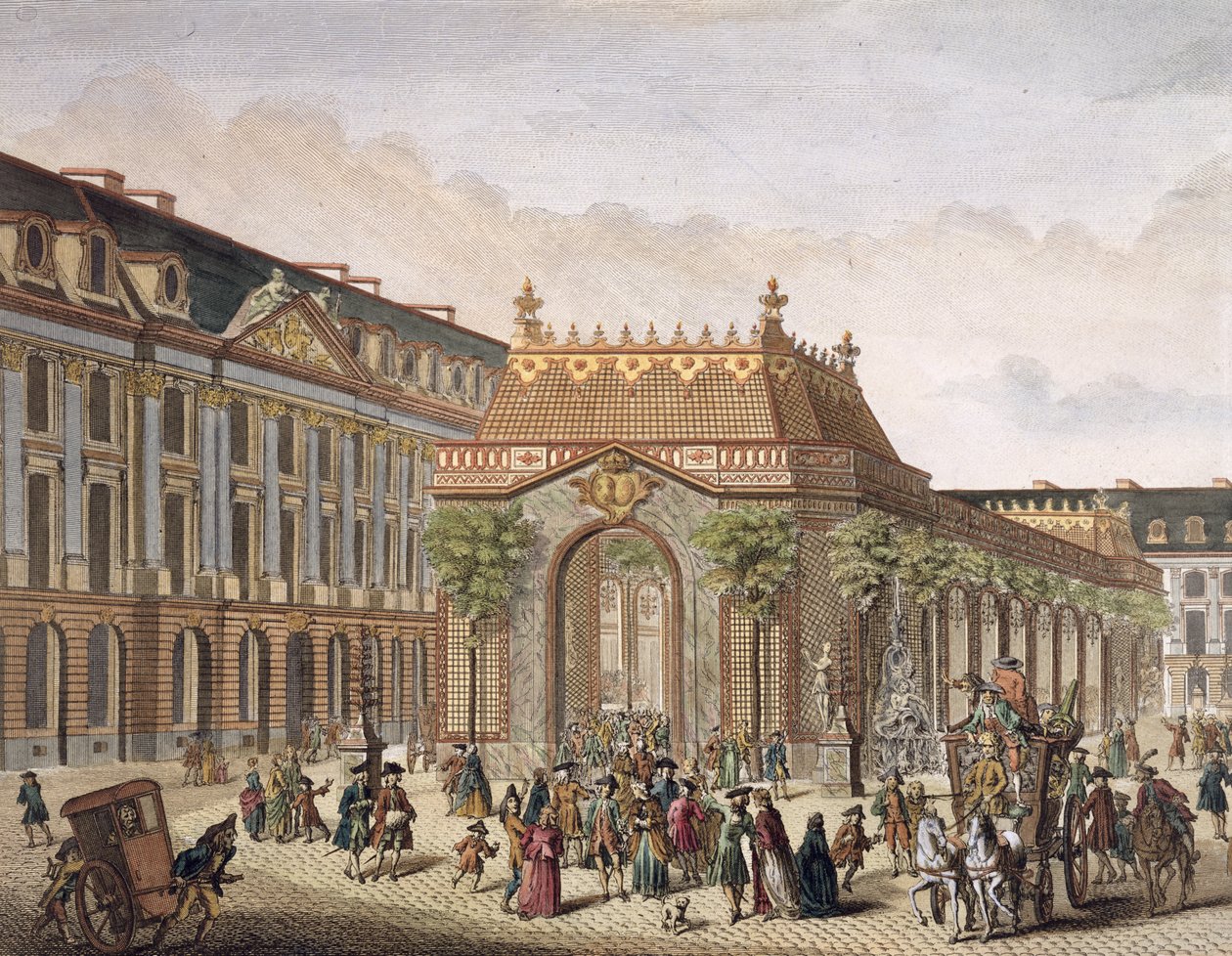 Widok na Place de Louis le Grand z jedną z sal zbudowanych z okazji ślubu Monseigneur le Dauphin (detal z 101866) (rycina kolorowa) autorstwa French School