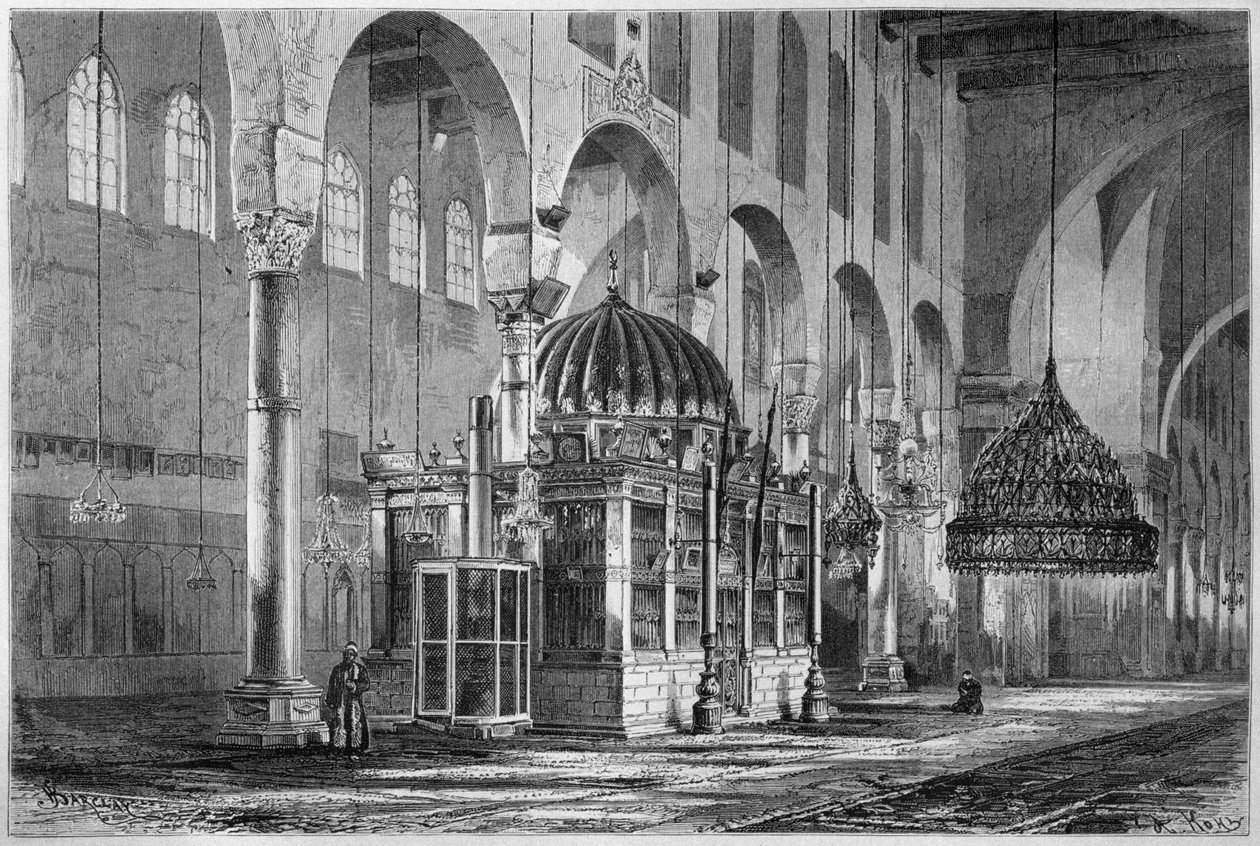 Widok na salę modlitewną, meczet Umajjadów, Damaszek, Syria, z dzisiejszej Syrii. Podróżuje po Fenicji, Libanie i Judei. 1875-1880 Louis Charles Emile Lortet, 1884 (bw grawerowanie) autorstwa French School