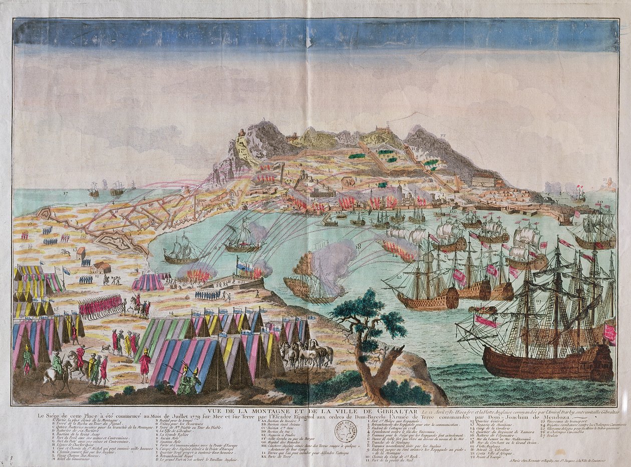 Widok na skałę i miasto Gibraltar podczas oblężenia w 1779 r. autorstwa French School