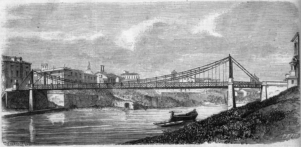 Widok na most św. Jana na Tybrze (Tevere) we Włoszech, zainaugurowany w 1863 roku. Ten stalowy most zaprojektował Alphonse Oudry (1819-1869). Grawer w „”Le Monde Illustré”” nr 349 z 19 grudnia 1863 r. autorstwa French School