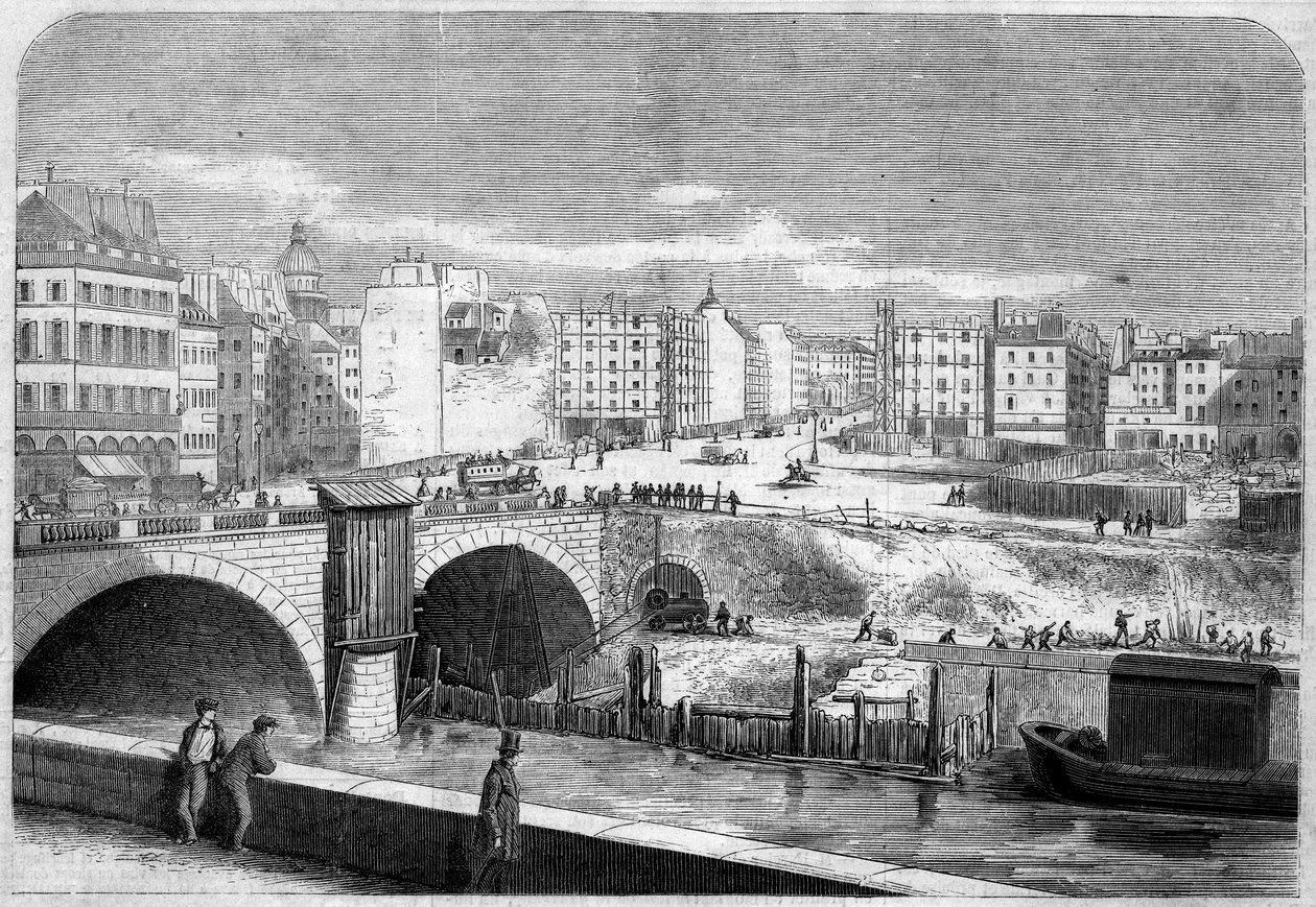 Widok na most Saint Michel (Saint-Michel), zbudowany w 1857 roku i Place Saint Michel (Saint-Michel) w Paryżu autorstwa French School