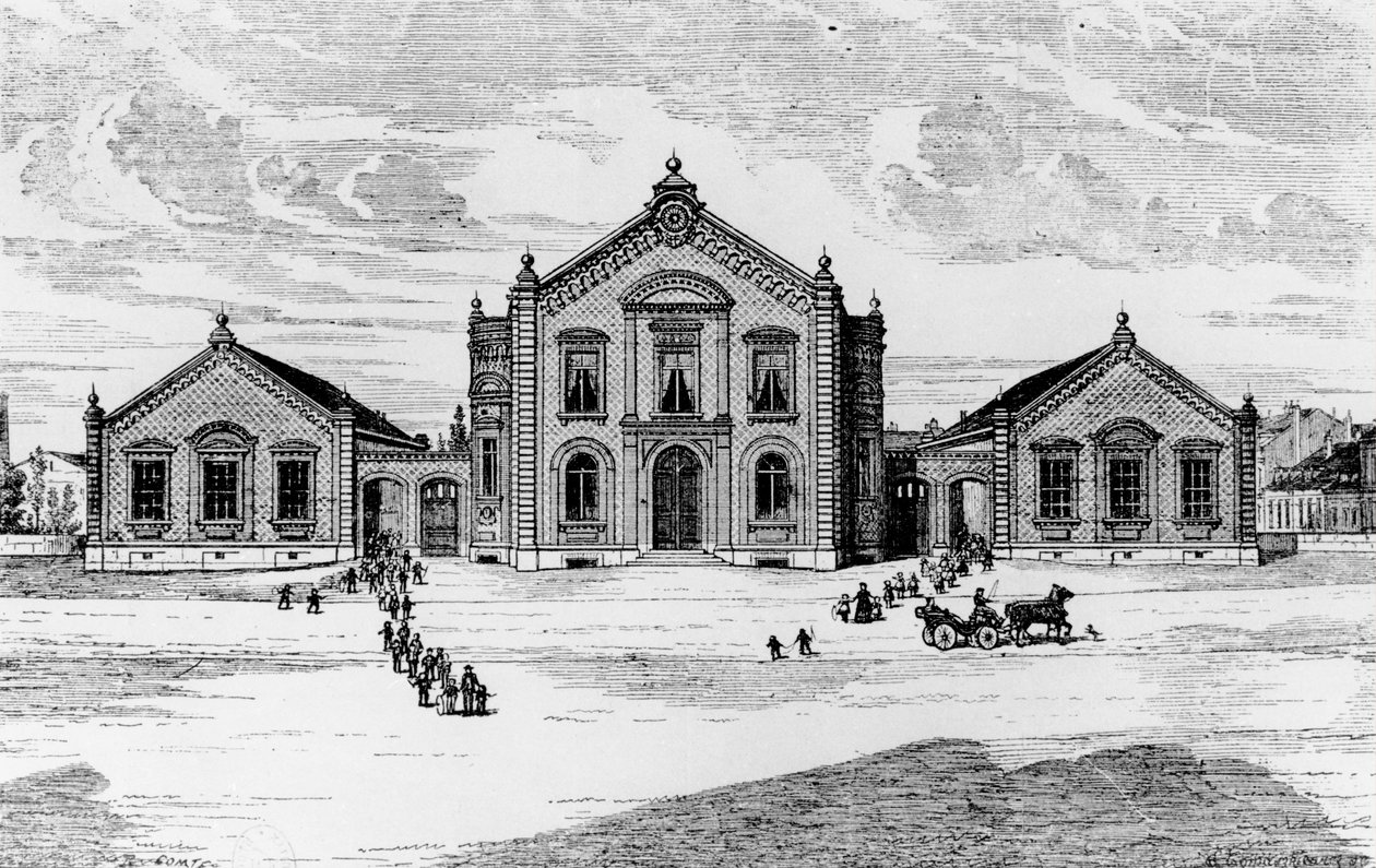 Widok szkół i teatru, Familistery of Guise, z Solutions Sociales Jean-Baptiste Andre Godina (1817-88), Paryż, 1871 autorstwa French School