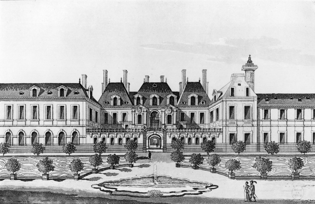 Widok na hotel Soissons w Paryżu (akwatinta) autorstwa French School