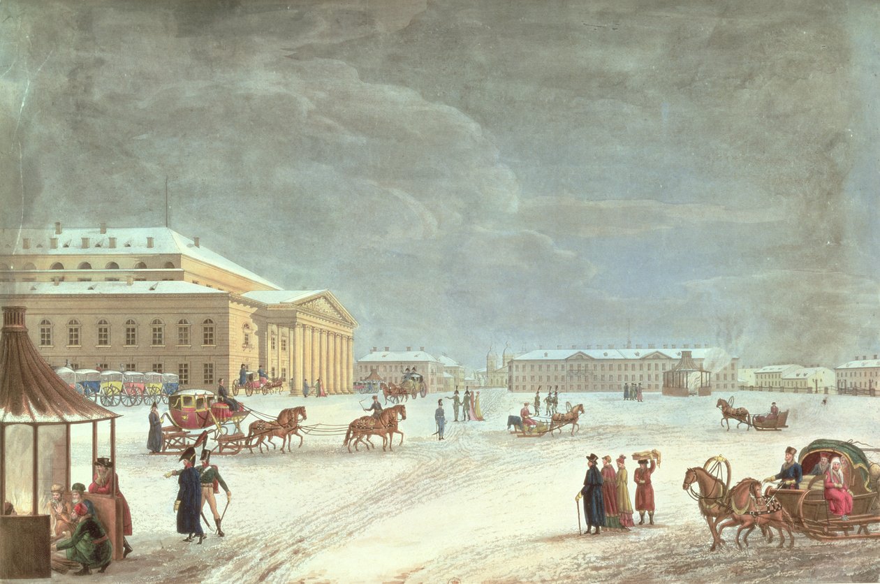 Widok na Plac i Teatr Wielki w Petersburgu (kolorowa lito) autorstwa French School