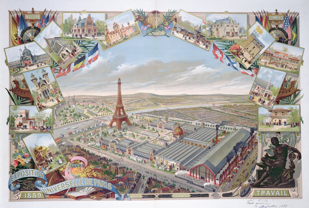 Widok Wystawy Powszechnej z różnymi pawilonami i Wieżą Eiffla, 1889 autorstwa French School