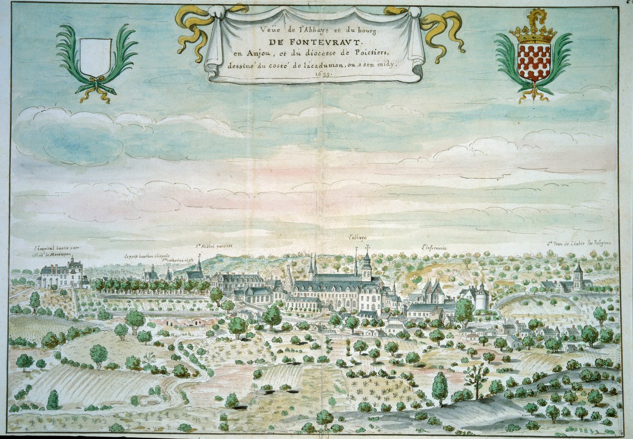 Widok na opactwo Fontevrault (Fontevraud) w Maine i Loary Akwarela ze szkoły francuskiej. 1699 Paryż, B.N. autorstwa French School