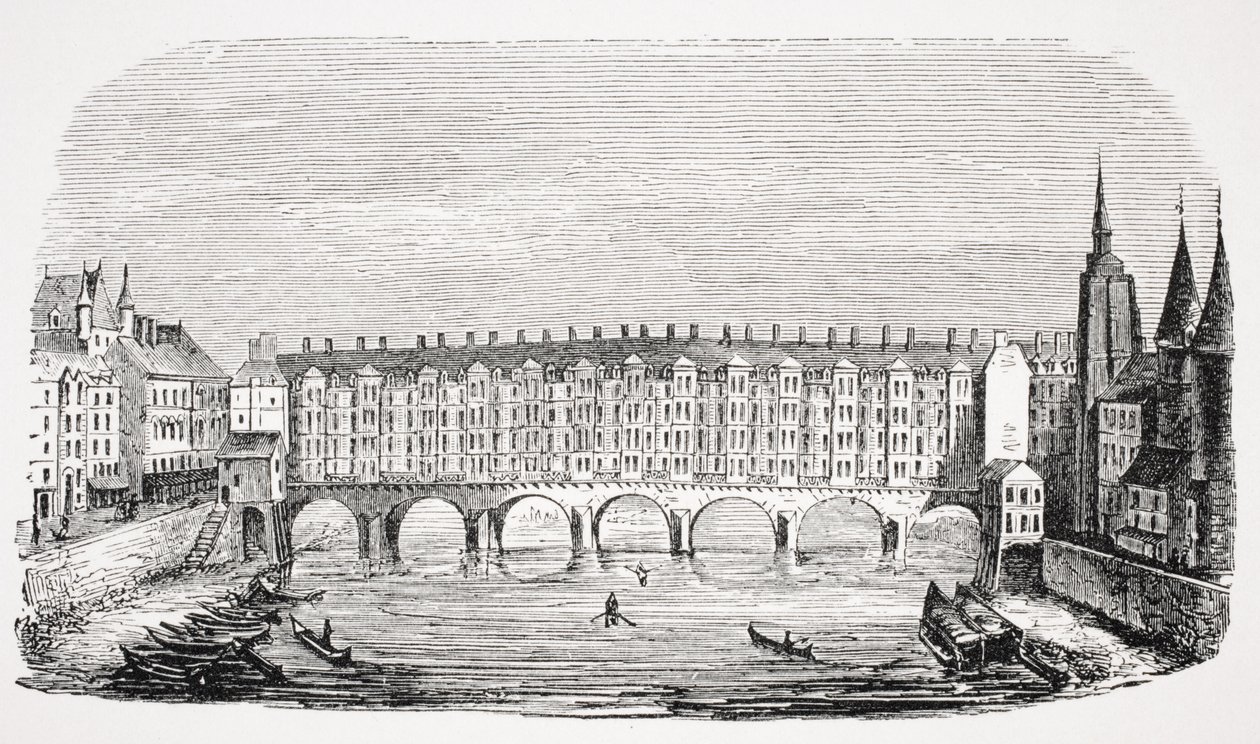 Widok starożytnego Pont-au-Change, z ryciny "Topografia Paryża", z "Le Moyen Age et La Renaissance" Paula Lacroix (1806-84) opublikowanej w 1847 r. autorstwa French School