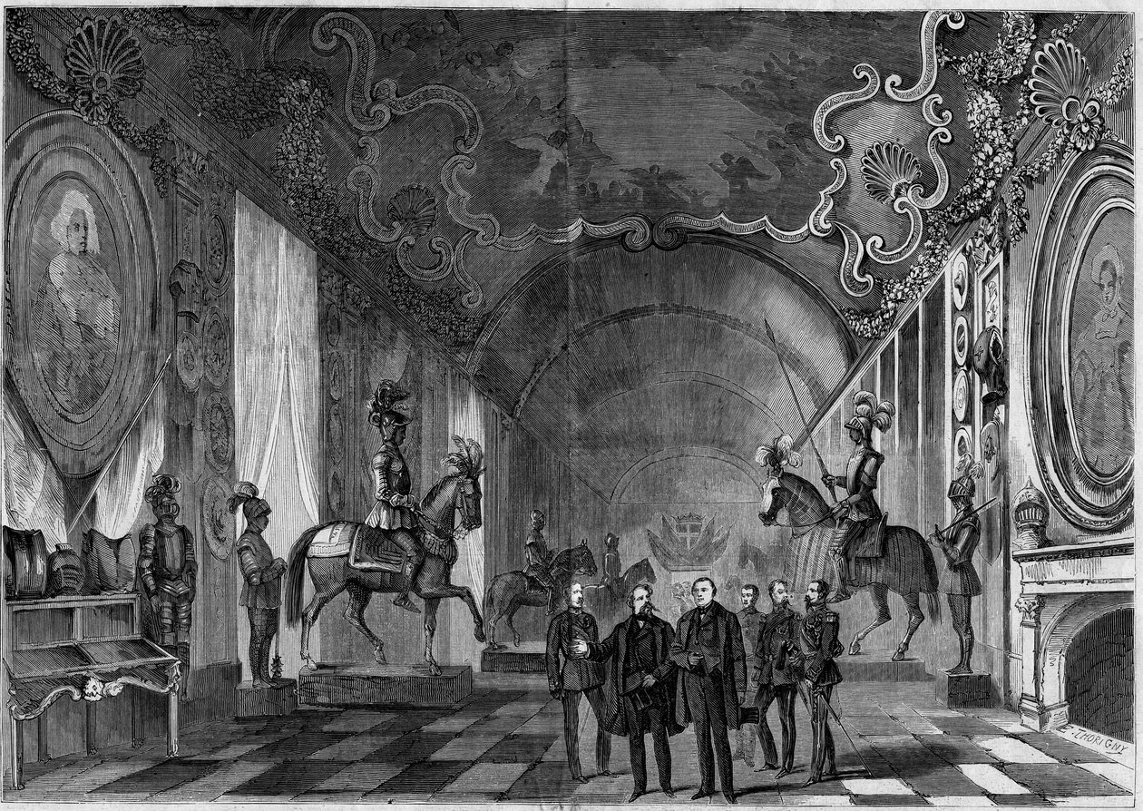 Widok zbrojowni pałacu w Turynie (Włochy) podczas wizyty króla Wiktora Emanuela II (Vittorio Emanuele) (Victor-Emmanuel) (1820-1878) i księcia Napoleona (1822-1891) autorstwa French School
