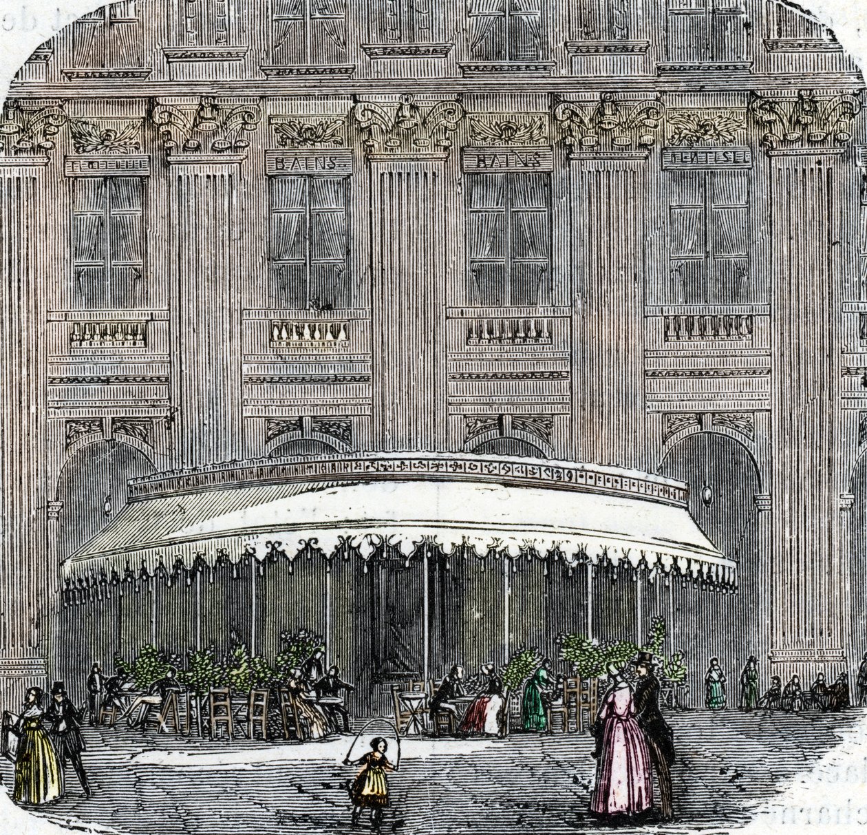 Widok cafe de la Rotonde w Palais-Royal w Paryżu około 1860 roku (kolorowy grawerunek) autorstwa French School
