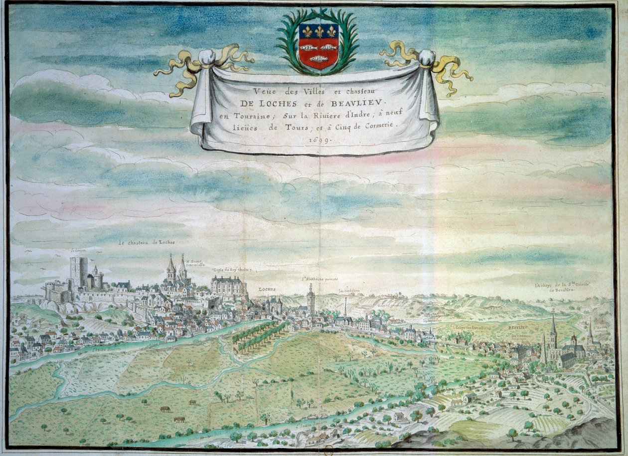 Widok na zamek Loches Widok na Beaulieu les Loches w Indre i Loire. Akwarela szkoły francuskiej. 1699 Paryż, B.N. autorstwa French School