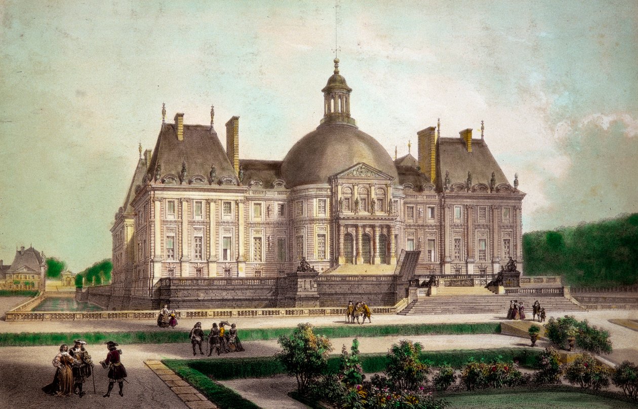 Widok zamku Vaux le Vicomte (Vaux-le-Vicomte) w Maincy (Seine-et-Marne), wybudowanego około 1658 r. Druki z XIX-wiecznej kolekcji prywatnej autorstwa French School
