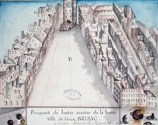 Widok na centrum Brisach po francuskim bombardowaniu w 1793 autorstwa French School