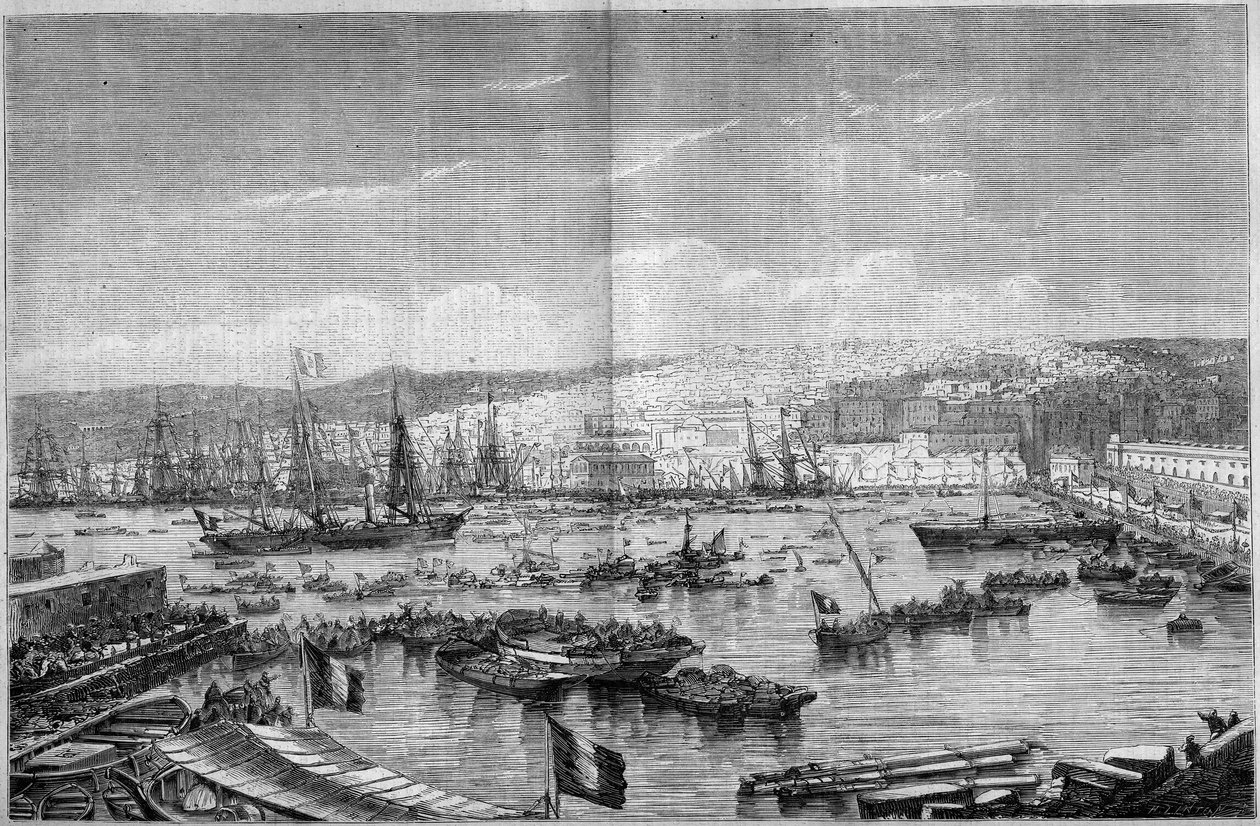 Widok na miasto i port w Algierze (Algieria), podczas przybycia Napoleona III i cesarza Eugenie de Montijo, 17 września autorstwa French School