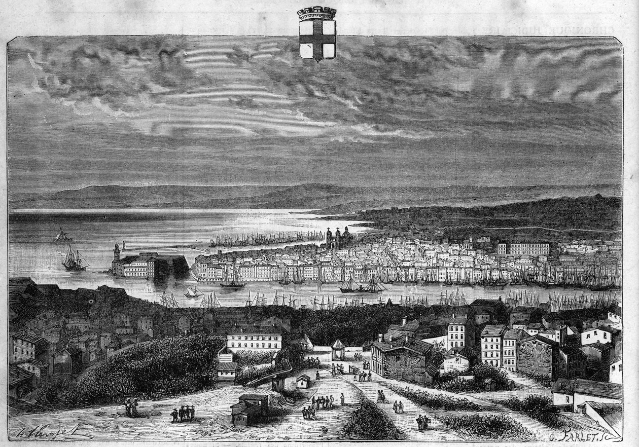 Widok na miasto i port w Marsylii. Rycina z 1880 r. w prywatnej kolekcji „La republique illustree”. autorstwa French School