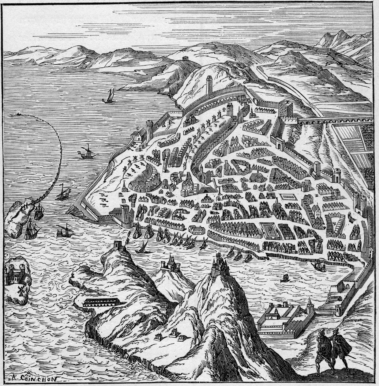Widok na miasto i port w Marsylii w XVI wieku. Grawerowanie w „La Marine et les colonies: commerce” autorstwa French School