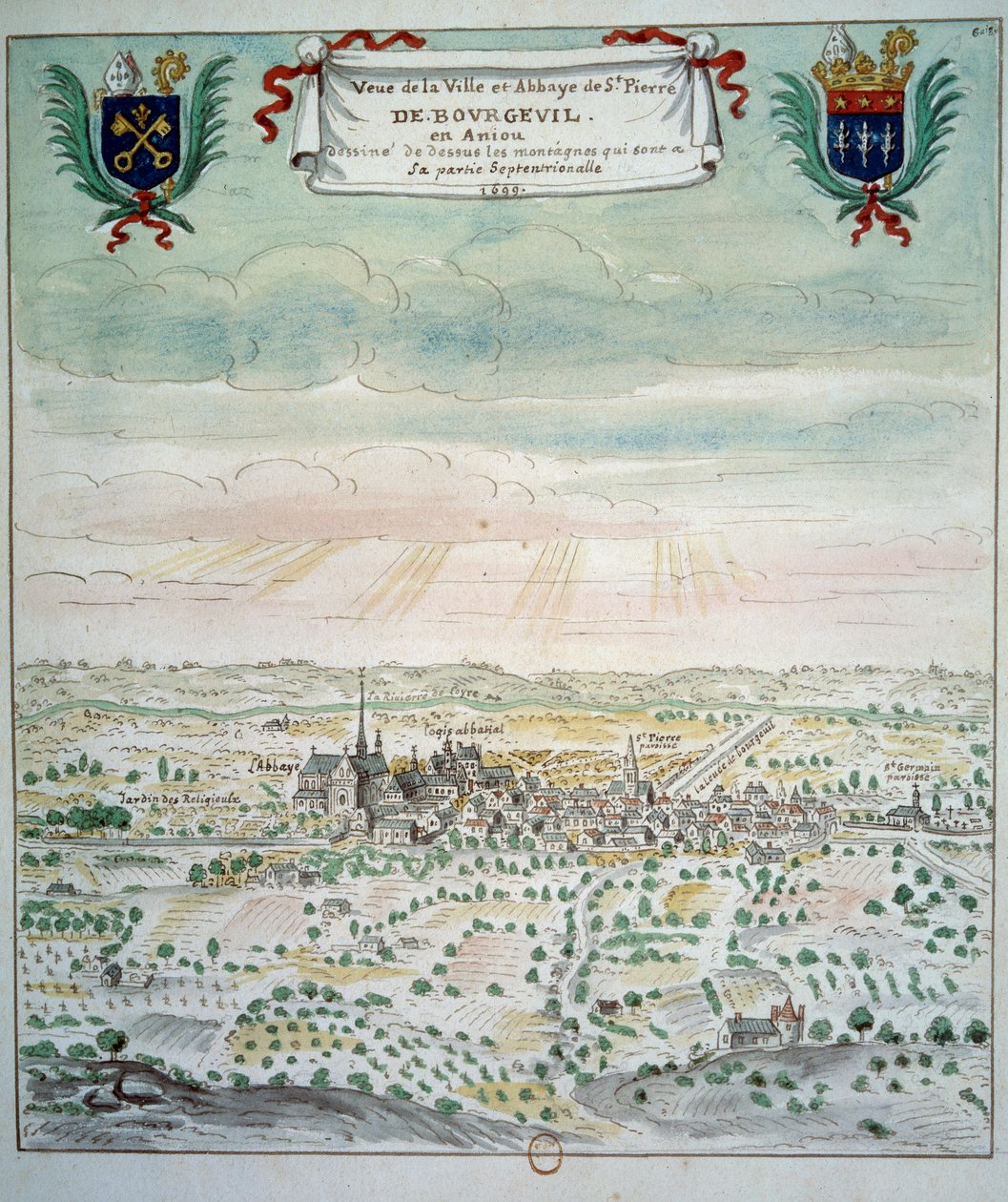 Widok na miasto i opactwo Saint Pierre de Bourgueil Akwarela ze szkoły francuskiej. 1699 Paryż, B.N. autorstwa French School